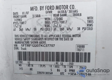 2007 Ford F-150 Stx/Xl/Xlt from USA, damaged, VIN 1FTRF12207KC37757